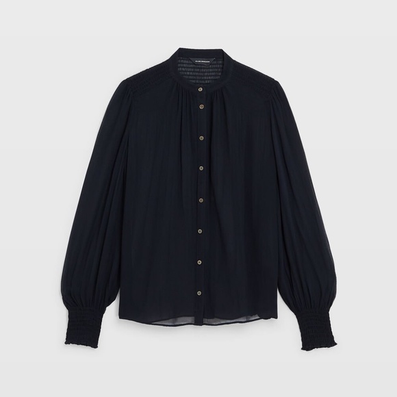 New! CLUB MONACO Smocked Yoke Sheer Blouse, Classic Black, Size Large - Picture 2 of 5